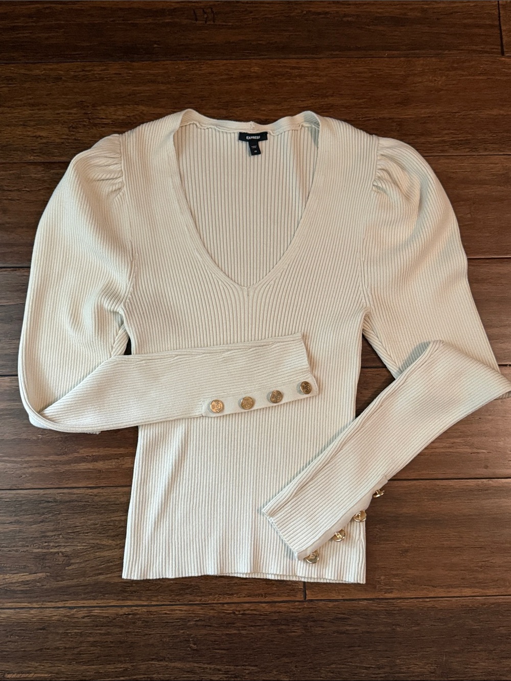 Express Cream Ribbed V-Neck Sweater with Puff Shoulders and Gold Cuff Buttons